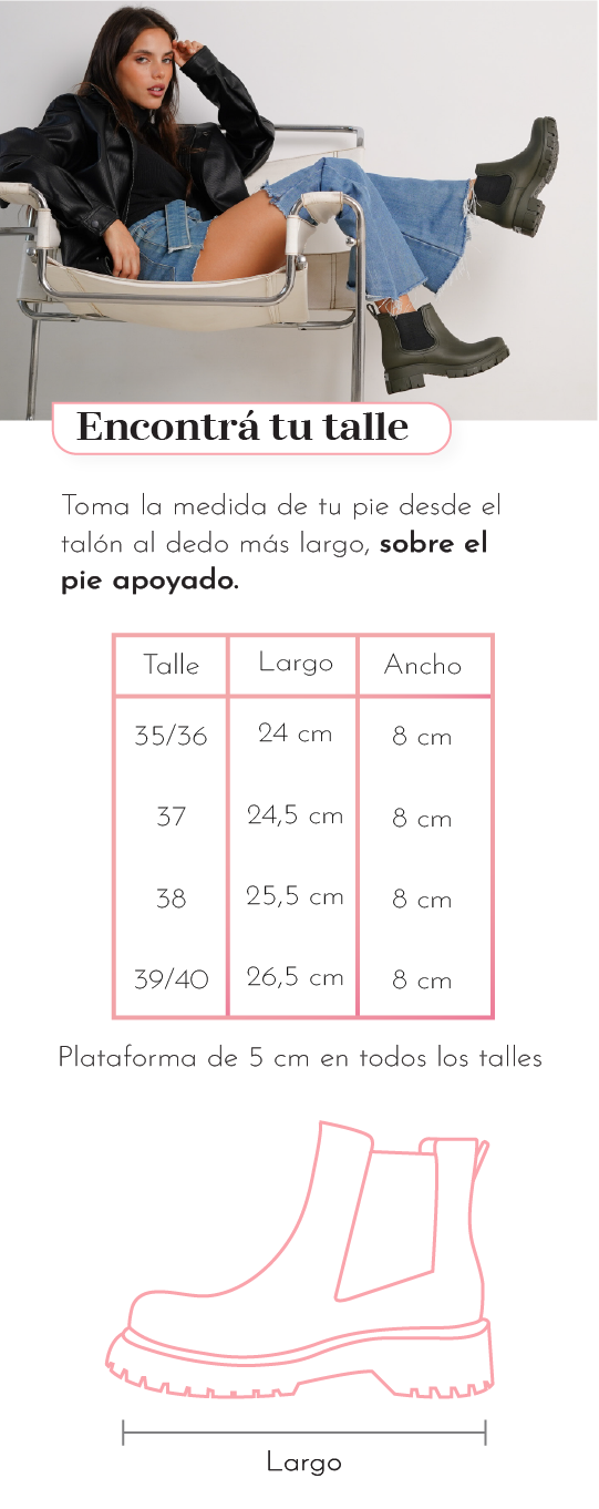 Pensamos en cada detalle  En cada colección, ponemos esfuerzo extra en preparar tu paquete con el mejor packaging.  Camille Rain viene con una bolsa impermeable que podés usar para guardar y transportar tus botas o tu cambio de calzado, ¡o para proteger lo que necesites de la lluvia!  FOTO  Encontra tu talle Tomá tu medida de tu pie desde el talón al dedo más largo, sobre el pie apoyado.   Fáciles de secar Basta de llegar de la lluvia y tener que estar secando los zapatos. Tus Chunas Rain fueron pensadas para repeler el agua y ser muy fáciles de secar. Te las sacás, pasás un trapito absorbente, ¡y ya está!  Listas para guardar sin preocuparte por la humedad.  Chunas te acompaña siempre… FOTO ¡...para que nada te detenga!